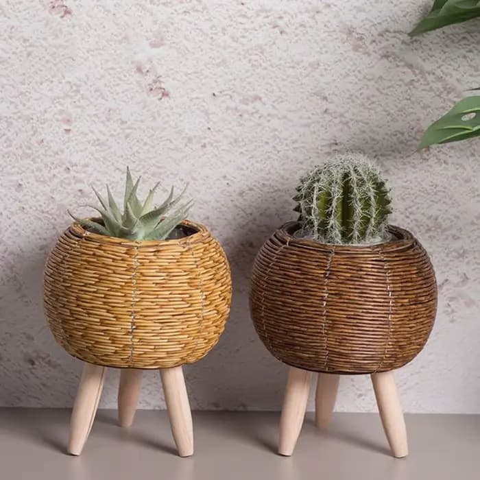 Pot de fleur tissé en rotin à la mode, jardinières de fleurs créatives avec pieds amovibles, support