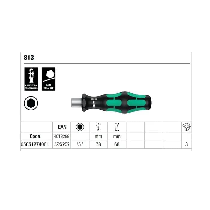 Wera 813 Bits support à main avec poignée de mandrin à dégagement rapide Anti roulement Mini tournevis bitholder outil