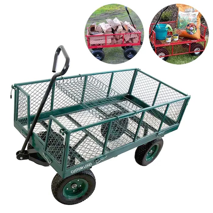 Chariot en maille d'acier robuste, chariot utilitaire de jardin avec côtés amovibles et roues de 10 "3.50-4 pouces pour cour de jardin