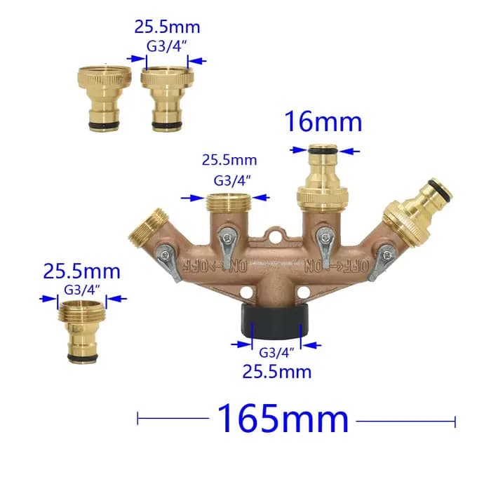 Séparateur de tuyau d'eau de jardin à 4 voies en laiton avec filetage 3/4 "