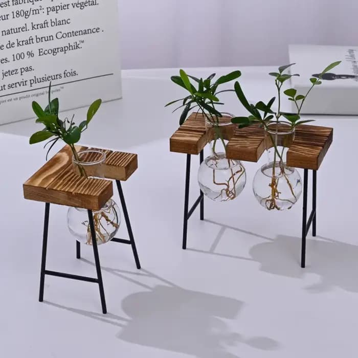 Jardinière hydroponique à cadre en bois avec bulbe en verre