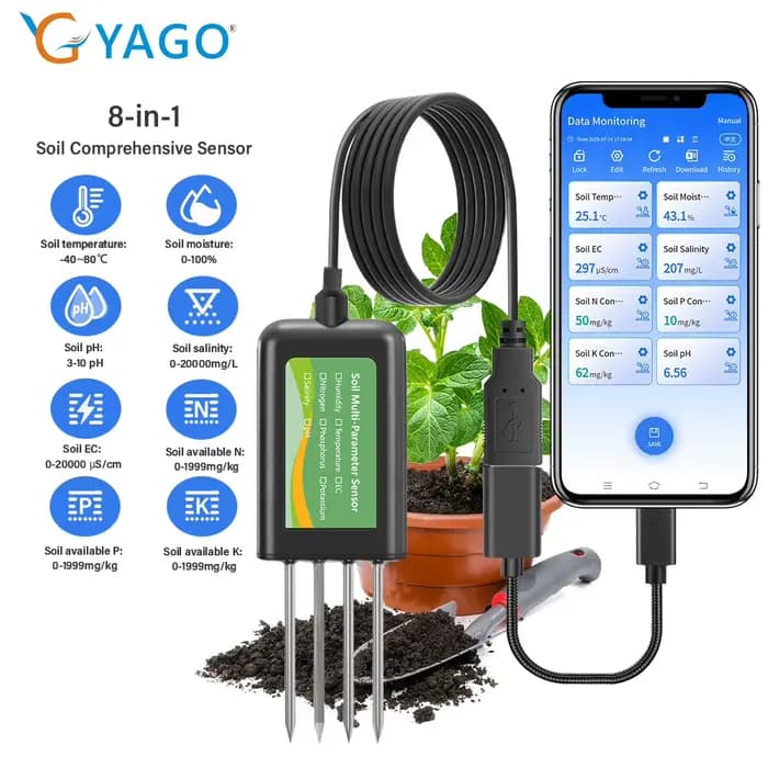 Capteur de sol YAGO 8 en 1 pour l'agriculture pH EC testeur d'humidité NPK Android/HarmonyOS USB compteur de sol