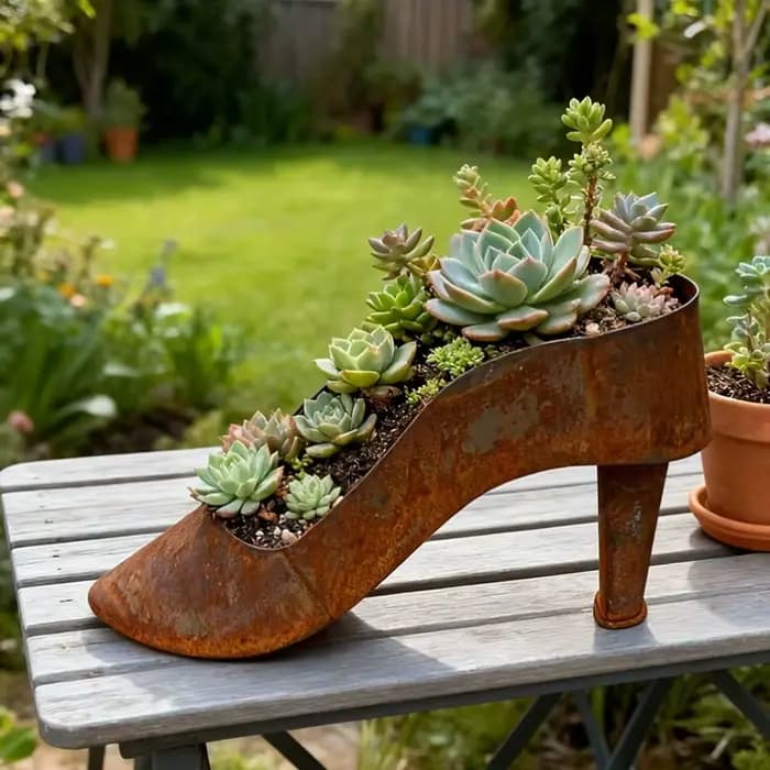 Pot de fleurs ovale lumineux en forme de chaussures à talons hauts rouillées