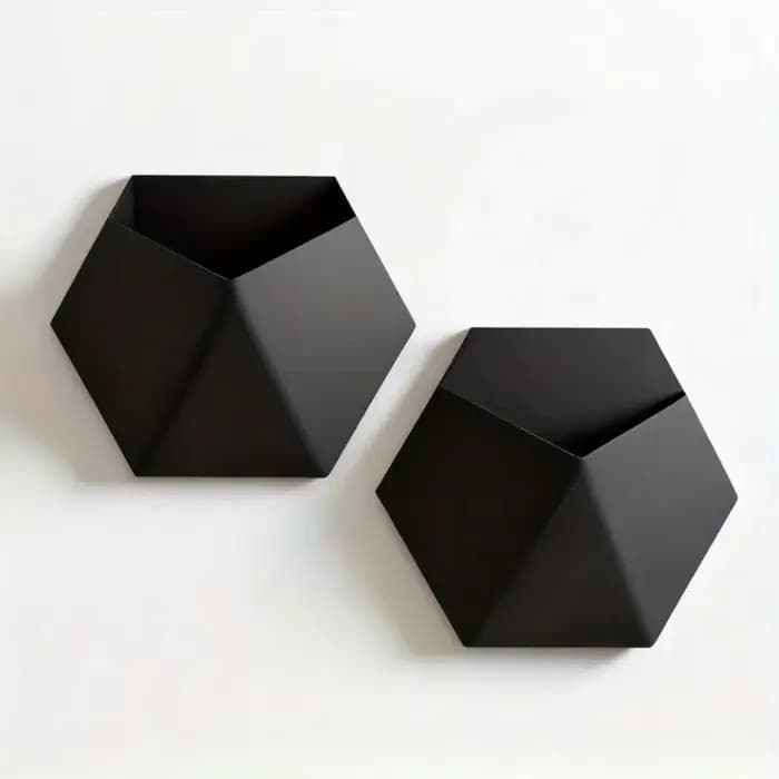 Le pot de fleurs hexagonal noir à fixer au mur a un design simple et unique. Sa structure perforée facilite l'installation et est robuste.