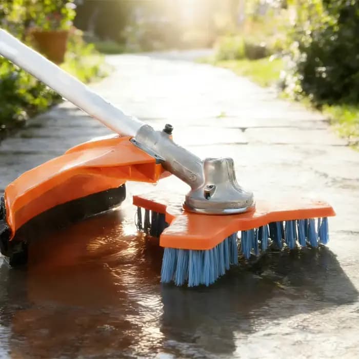 Brosse de nettoyage pour plateformes de tondeuses à gazon avec une configuration de poils denses et une forme ondulée ergonomique pour une couverture efficace