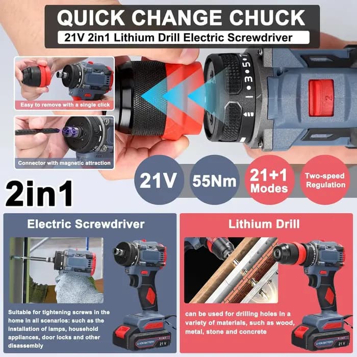 Tournevis électrique sans fil 21V, perceuse à percussion sans balais 2 en 1, Rechargeable, 2 vitesse
