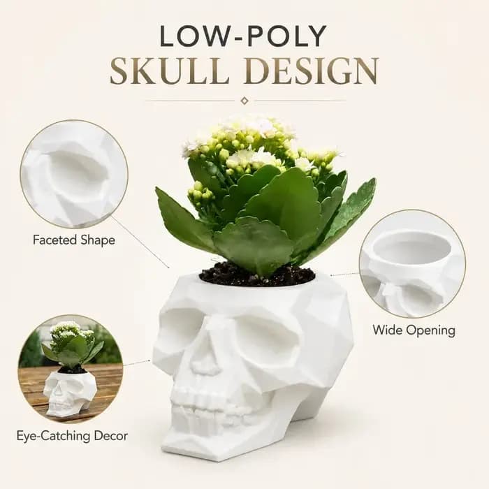 Pot de fleurs en forme de crâne, pot de fleurs gothique en polygone bas pour plantes succulentes, décoration intérieure pour étagère de bureau, cadeau de décoration pour Halloween.