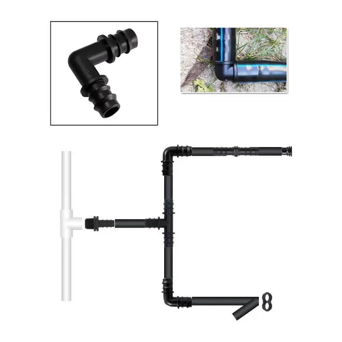 Connecteur barbelé résistant pour micro d'argile, coude 90, tuyau PE, tube goutte à goutte, raccord