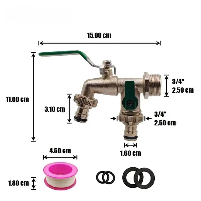 Robinet de jardinage en alliage de zinc 3/4 avec une entrée et deux sorties, robinet à double mamelo