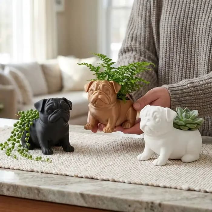 Pot de fleurs en forme de pug imprimé en 3D, pot amusant et minimaliste en forme d'animal, figurine de pug en plastique faite à la main, support de plante, décoration de bureau