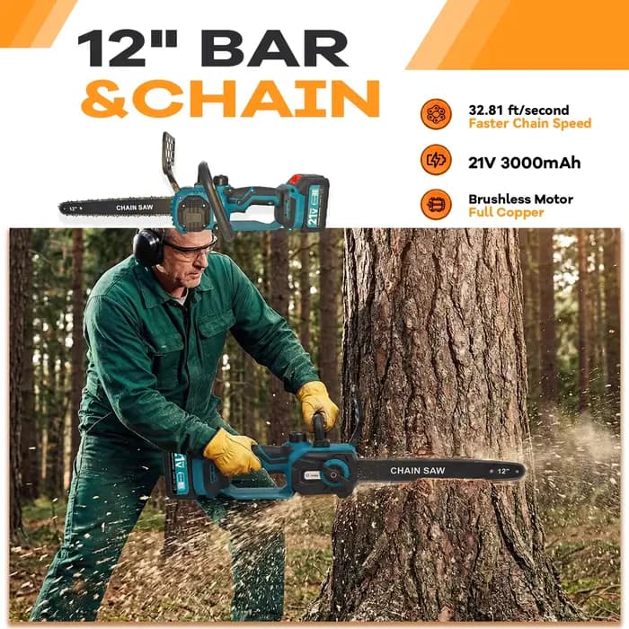 Scie à chaîne électrique sans fil XYSD 12 pouces, 21 V, 2 batteries 3000 mAh, scie à chaîne portativ