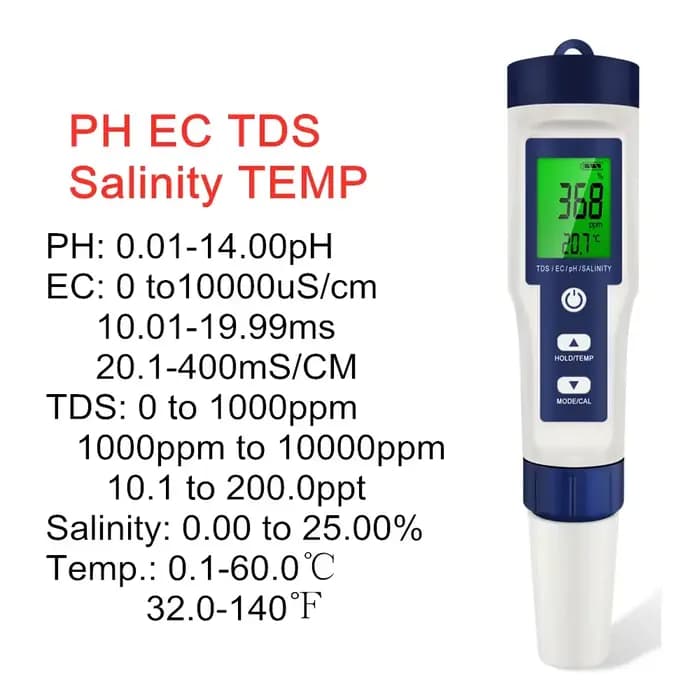 Ph-mètre numérique 5 en 1, TDS EC, testeur de température de salinité, conductimètre, filtre, pureté