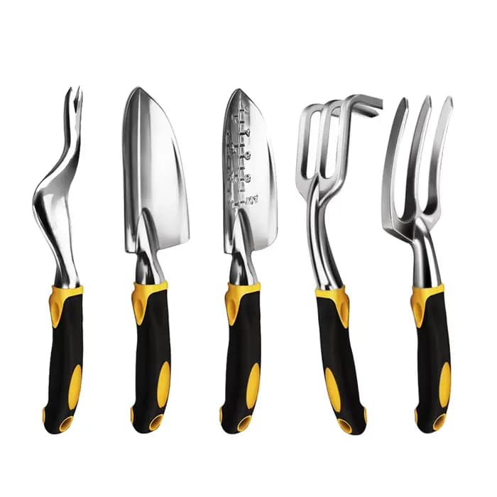 Outils de jardinage : pelle à main, râteau, cultivateur, désherbeur avec manche ergonomique, outils