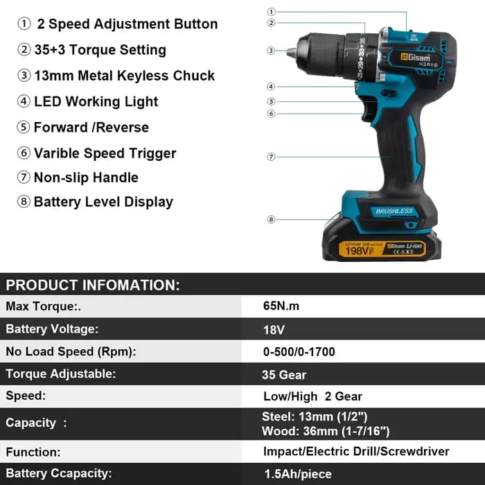 Perceuse à percussion électrique sans fil Gisam 13 mm 35+3 Torque Brushless, visseuse électrique, ou
