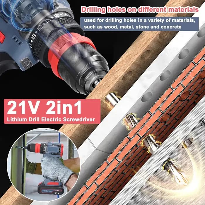 Tournevis électrique sans fil 21V, perceuse à percussion sans balais 2 en 1, Rechargeable, 2 vitesse