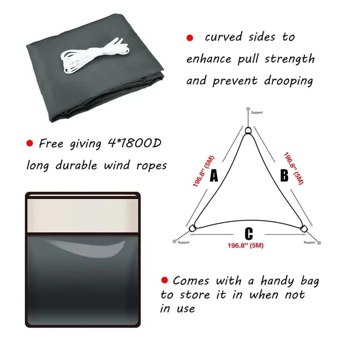 Voile d'ombrage triangulaire 5/3.6/3/2M, auvent de pare-soleil étanche, auvent bloc UV 98% avec cord