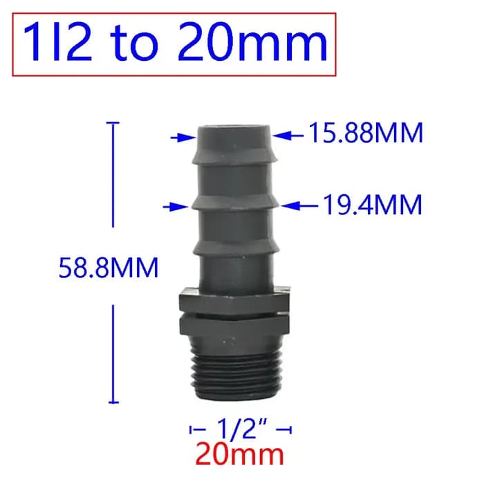 Filetage mâle femelle 1/2 3/4 à 1/2 3/4 1 pouce, connecteur barbelé pour tuyau d'arrosage 16mm 20mm