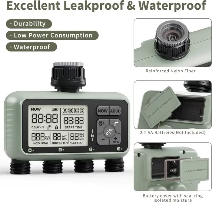Minuteur d'arrosage Diivoo 4 zones, programmable, automatique, avec fonction de report de pluie, mod