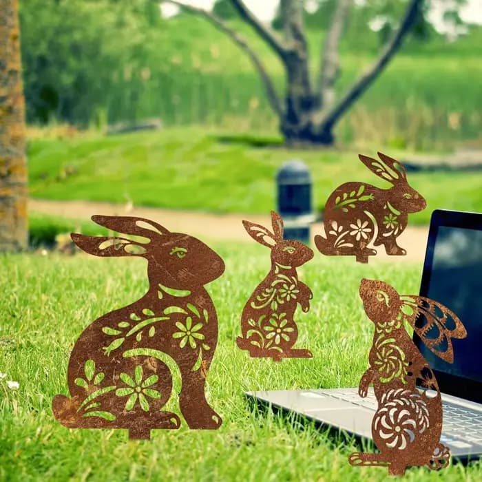 Piquet de jardin en forme de lapin en métal rustique