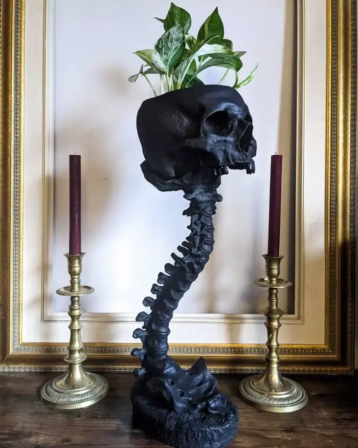 Ensemble de support de colonne vertébrale de jardinière de crâne, décor gothique effrayant, crâne en