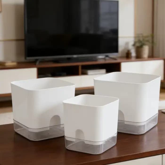 Pot de fleurs auto-arrosant blanc carré à double couche pour plantes d'intérieur et d'extérieur