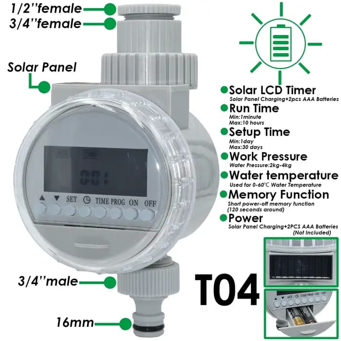 Minuterie solaire et batterie 62, contrôleur d'électrovanne d'irrigation, étanche, économie d'énergi