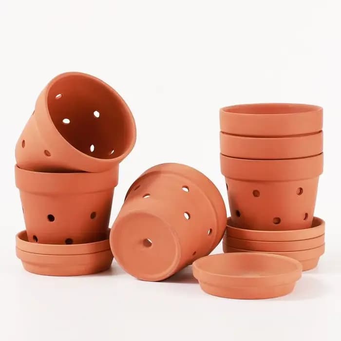 6 pots à orchidées en terre cuite de 4 pouces avec trous et soucoupes - Petits pots à orchidées en a