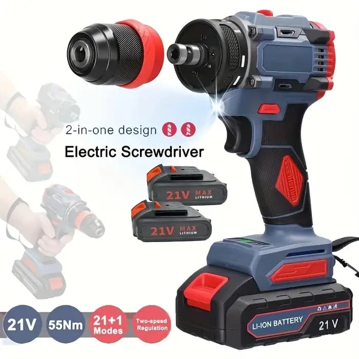 Tournevis électrique sans fil 21V, perceuse à percussion sans balais 2 en 1, Rechargeable, 2 vitesse