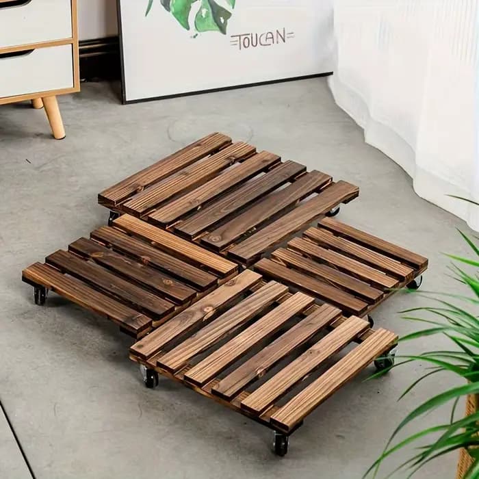 Plateau carré en bois pour pot de fleurs avec roulettes lisses