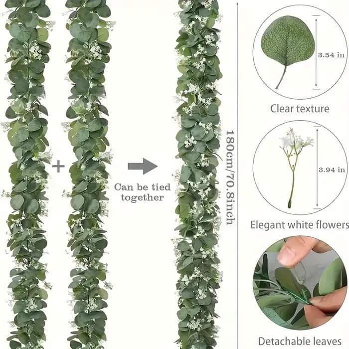 Guirlande d'eucalyptus simili exuberante de 70,8 pouces avec fleurs blanches – Parfaite pour la décoration de la maison et des vacances, tenture murale, cour et accents de fête