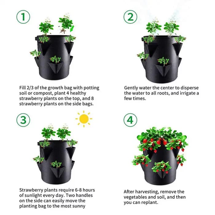 Sac de plantation de fraises de 7 gallons avec 6 poches latérales