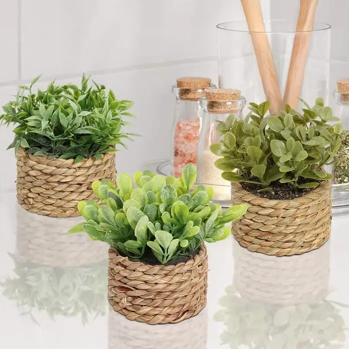 Plantes Vertes Artificielles Tissées, Petites Plantes en Pot, Décoration de la Maison, 3 Pièces