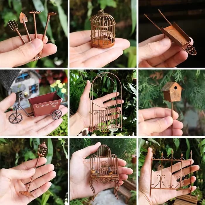 Ensemble de 4 outils de jardin miniatures en métal rouillé