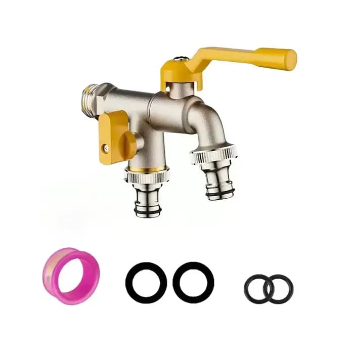 Robinet de jardin à double sortie - connexion de 1/2 pouce, idéal pour l'arrosage et l'entretien des pelouses, compatible avec les arroseurs et les pistolets à eau.