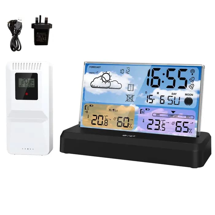 Station météo numérique transparente avec capteur extérieur, thermomètre hygromètre intérieur, horlo