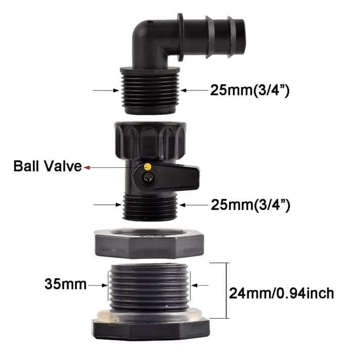 Connecteur de réservoir d'eau en PVC de 3/4 pouces, tube barbelé pour raccord de tuyau traversant po