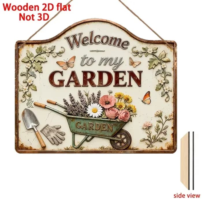 1 plaque en bois « Bienvenue dans mon jardin » – Décoration murale rustique avec motifs floraux colo